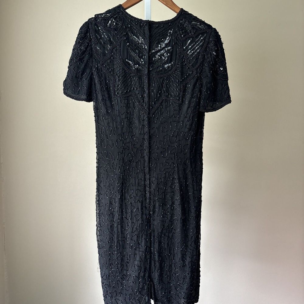 Vintage Papell Boutique Evening 100% Silk Beaded Midi Dress Formal Size 8 Black - Picture 4 of 7